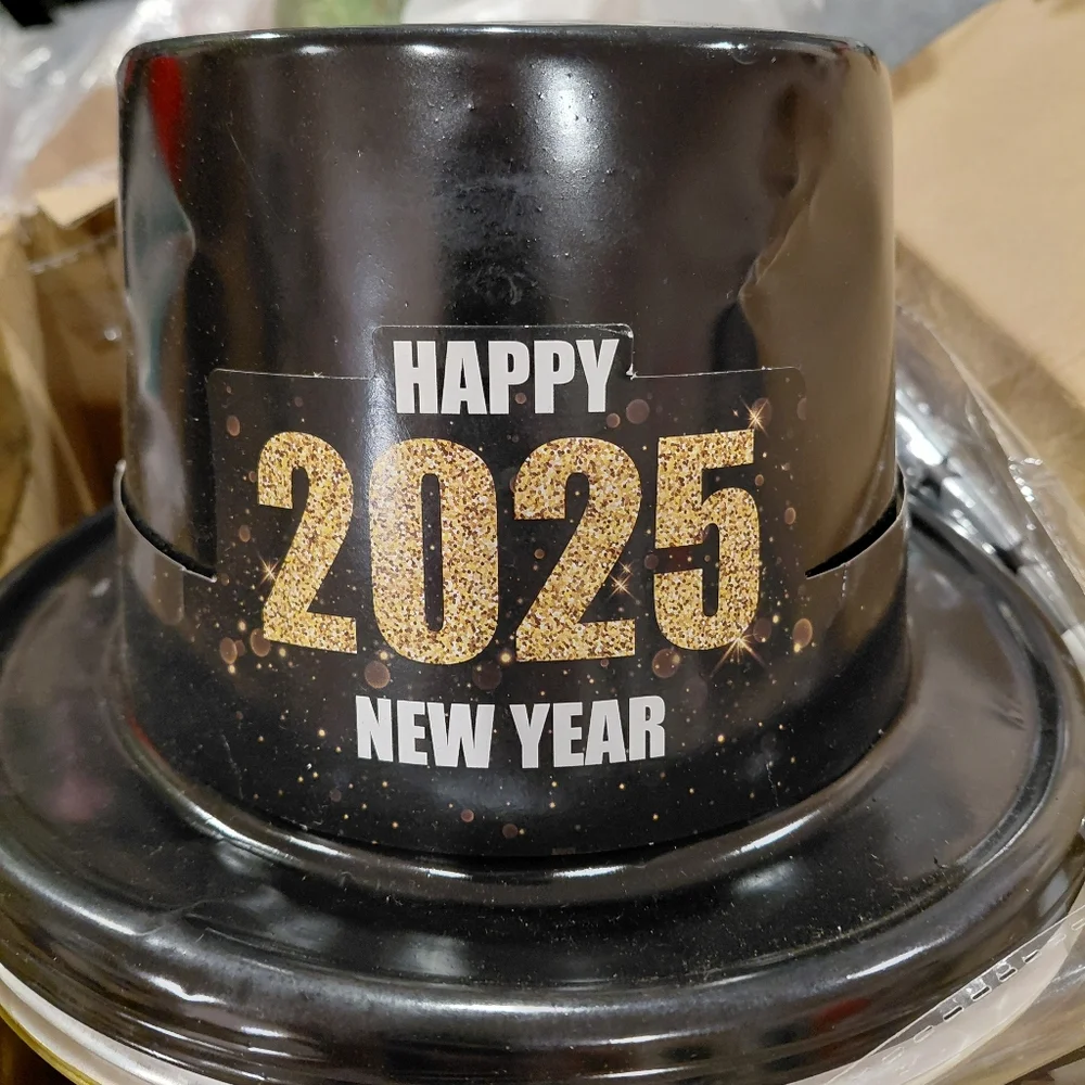 48 Piece Happy New Year 2025 Black and Gold Party Hat